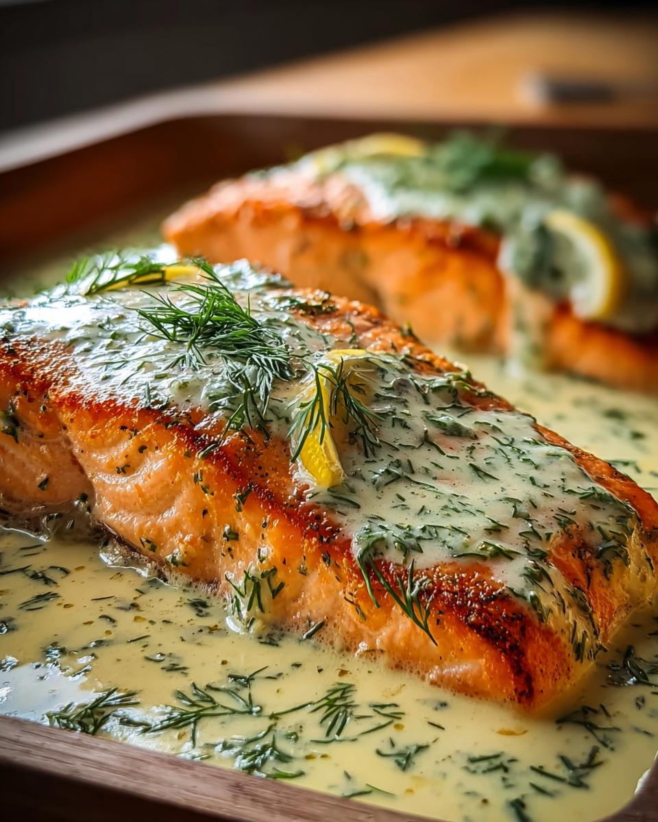 Zwei Filets von Lachs aus dem Ofen mit cremiger Zitronen-Dill-Sauce und frischem Dill.
