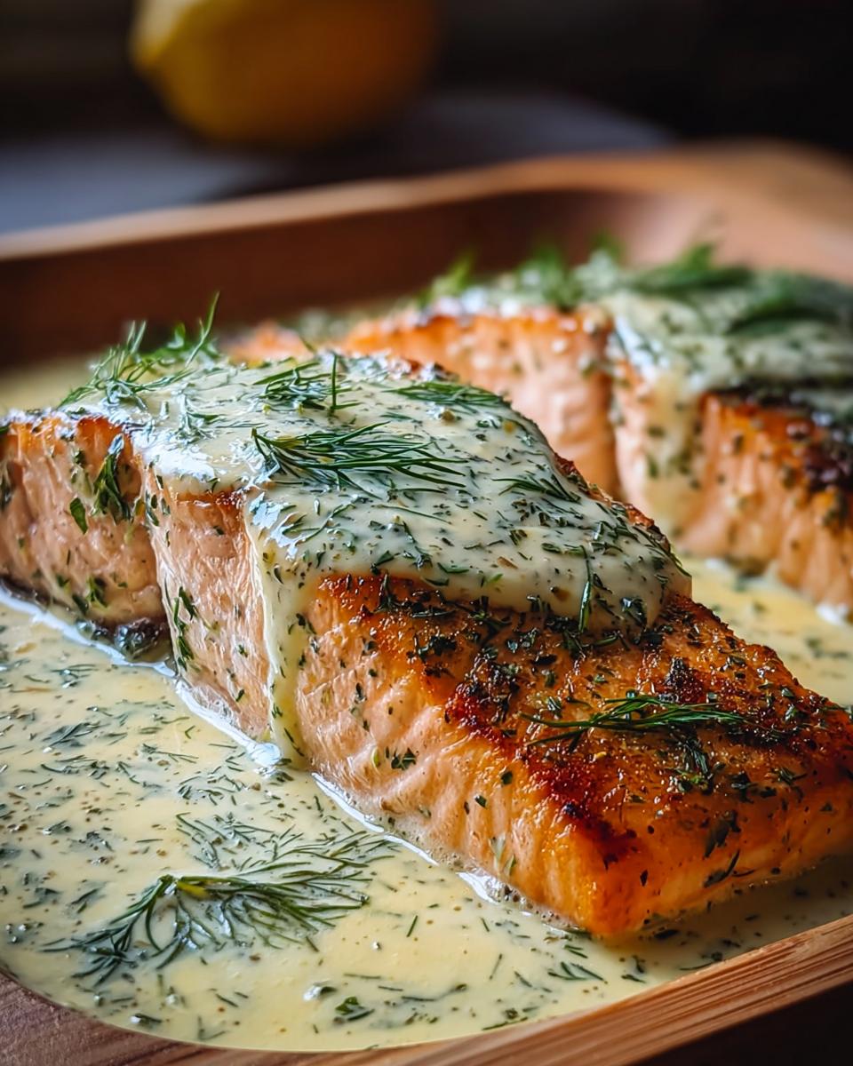 Ein saftiges Stück Lachs aus dem Ofen, bedeckt mit cremiger Zitronen-Dill-Sauce und frischem Dill.
