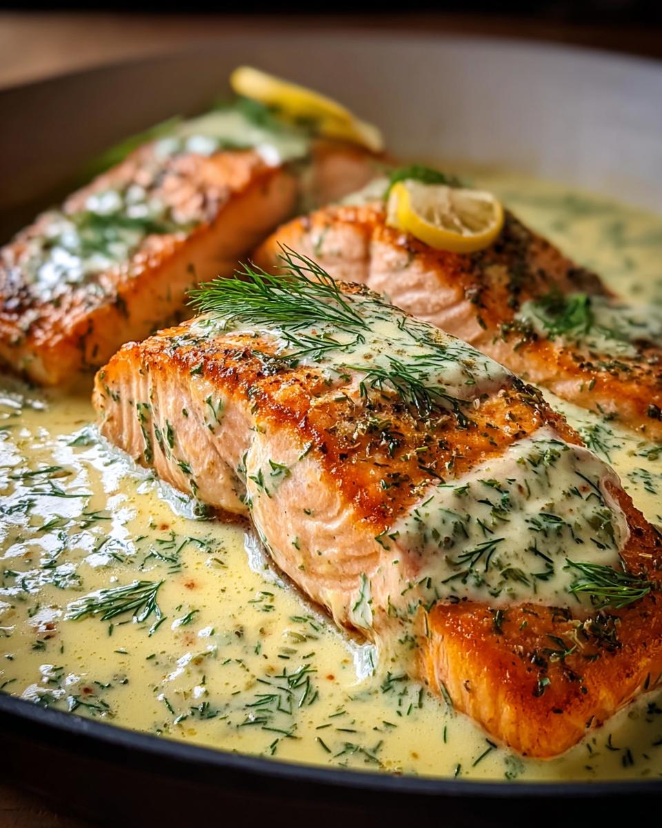 Drei gebratene Lachsfilets in einer cremigen Zitronen-Dill-Sauce, das Hauptgericht für Lachs aus dem Ofen mit Zitronen-Dill-Sauce.