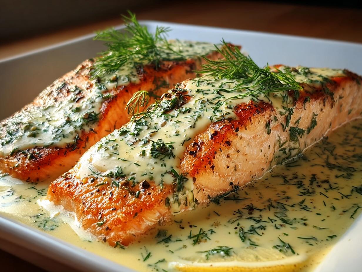 Zwei gebratene Lachsfilets übergossen mit cremiger Zitronen-Dill-Sauce, das Gericht ist Lachs aus dem Ofen mit Zitronen-Dill-Sauce.