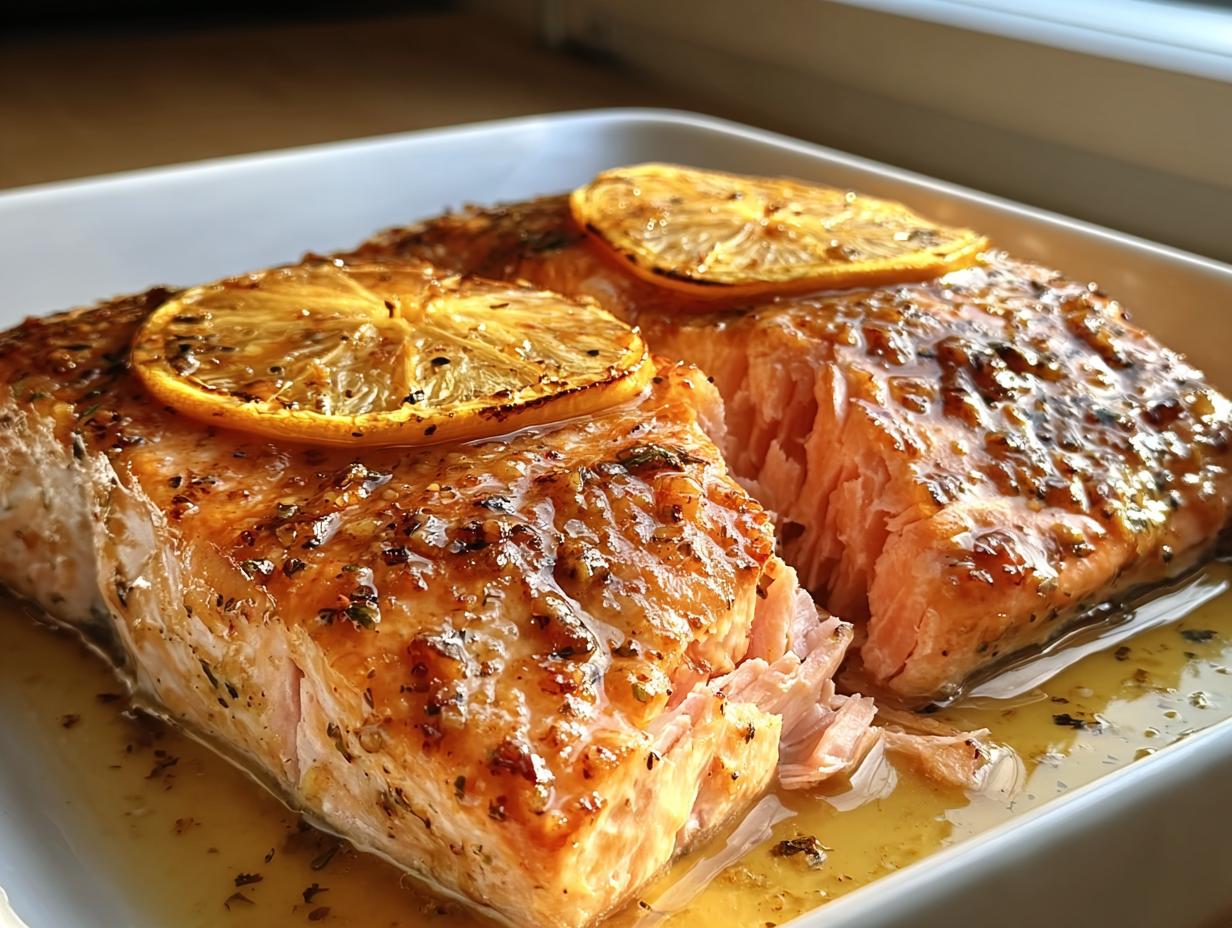 Saftiges Stück Lachs mit Honig-Senf-Glasur aus dem Ofen, garniert mit karamellisierten Zitronenscheiben.