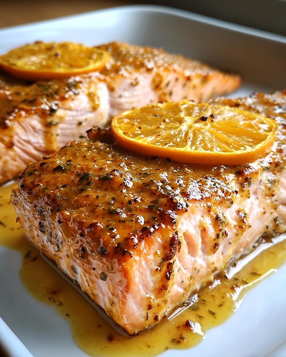 Nahaufnahme von saftigem Lachs mit Honig-Senf-Glasur aus dem Ofen, garniert mit einer Orangenscheibe.