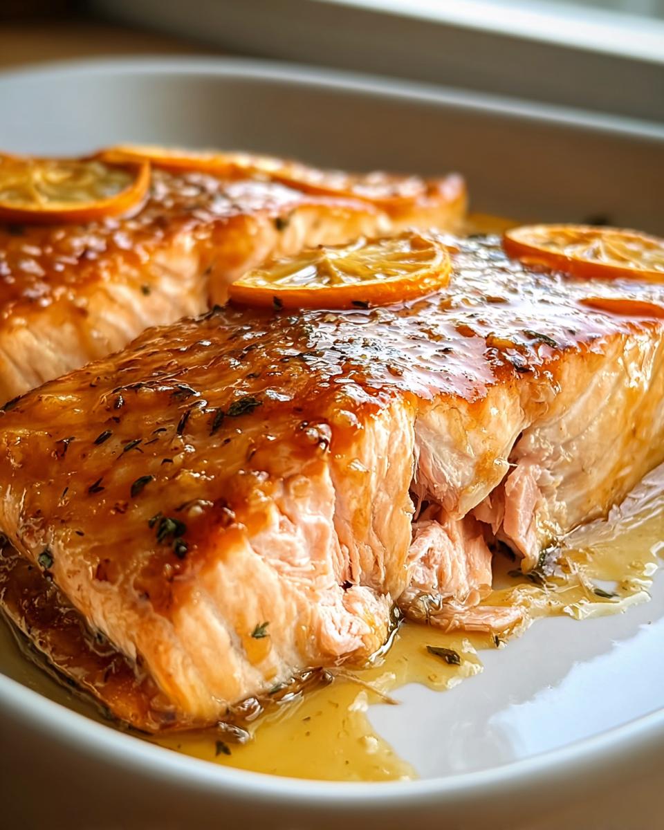 Zwei saftige Stücke Lachs mit Honig-Senf-Glasur aus dem Ofen, garniert mit Zitronenscheiben.