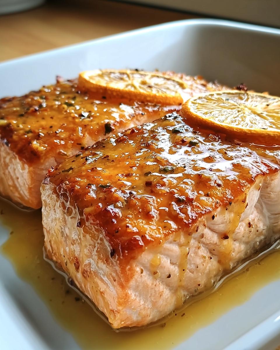 Zwei saftige Stücke Lachs mit Honig-Senf-Glasur aus dem Ofen, garniert mit Zitronenscheiben.