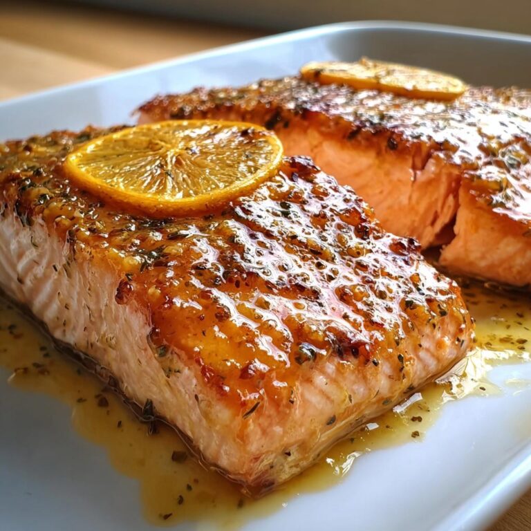 Zwei saftige Stücke Lachs mit Honig-Senf-Glasur aus dem Ofen, garniert mit einer Zitronenscheibe.