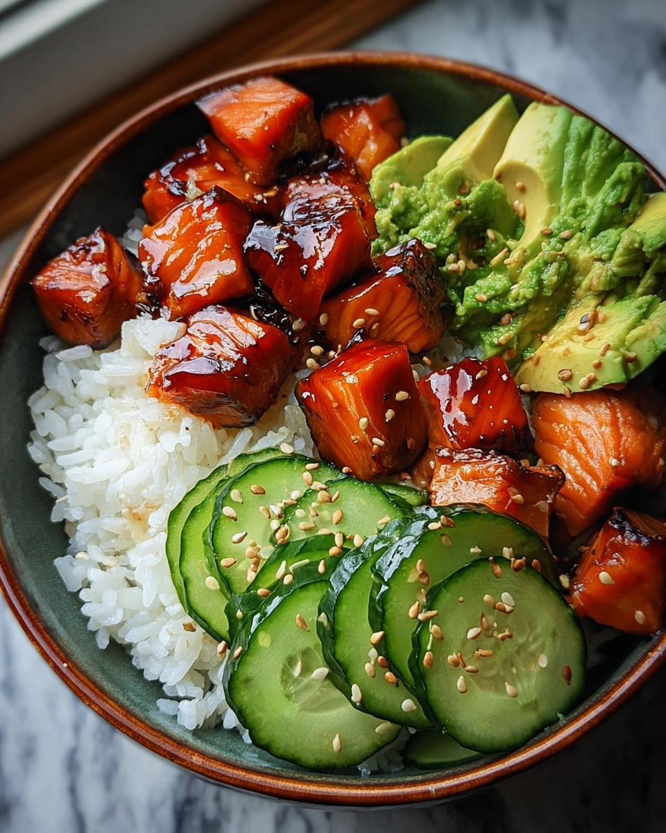Nahaufnahme einer Lachs-Teriyaki-Bowl mit glasierten Lachs-Würfeln, weißem Reis, Gurkenscheiben und Avocado.