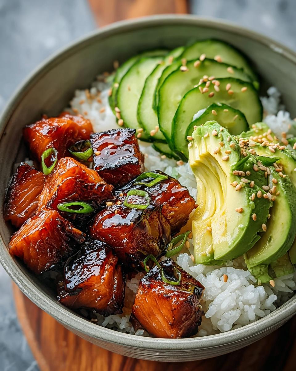 Nahaufnahme einer Lachs-Teriyaki-Bowl mit glasierten Lachs-Würfeln, Reis, Avocado und Gurkenscheiben.