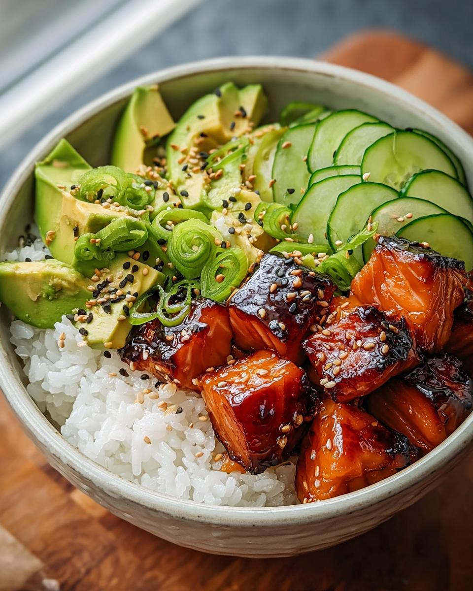 Nahaufnahme einer Lachs-Teriyaki-Bowl mit glasiertem Lachs, weißem Reis, Avocado, Gurkenscheiben und Frühlingszwiebeln.