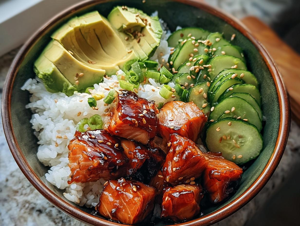 Nahaufnahme einer Lachs-Teriyaki-Bowl mit glasierten Lachs-Würfeln, weißem Reis, Avocado und Gurkenscheiben.