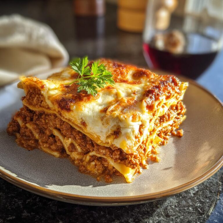 Eine köstliche Portion Lasagne schnell vom Blech mit reichlich Bolognese und goldbraun gebackener Käseschicht.