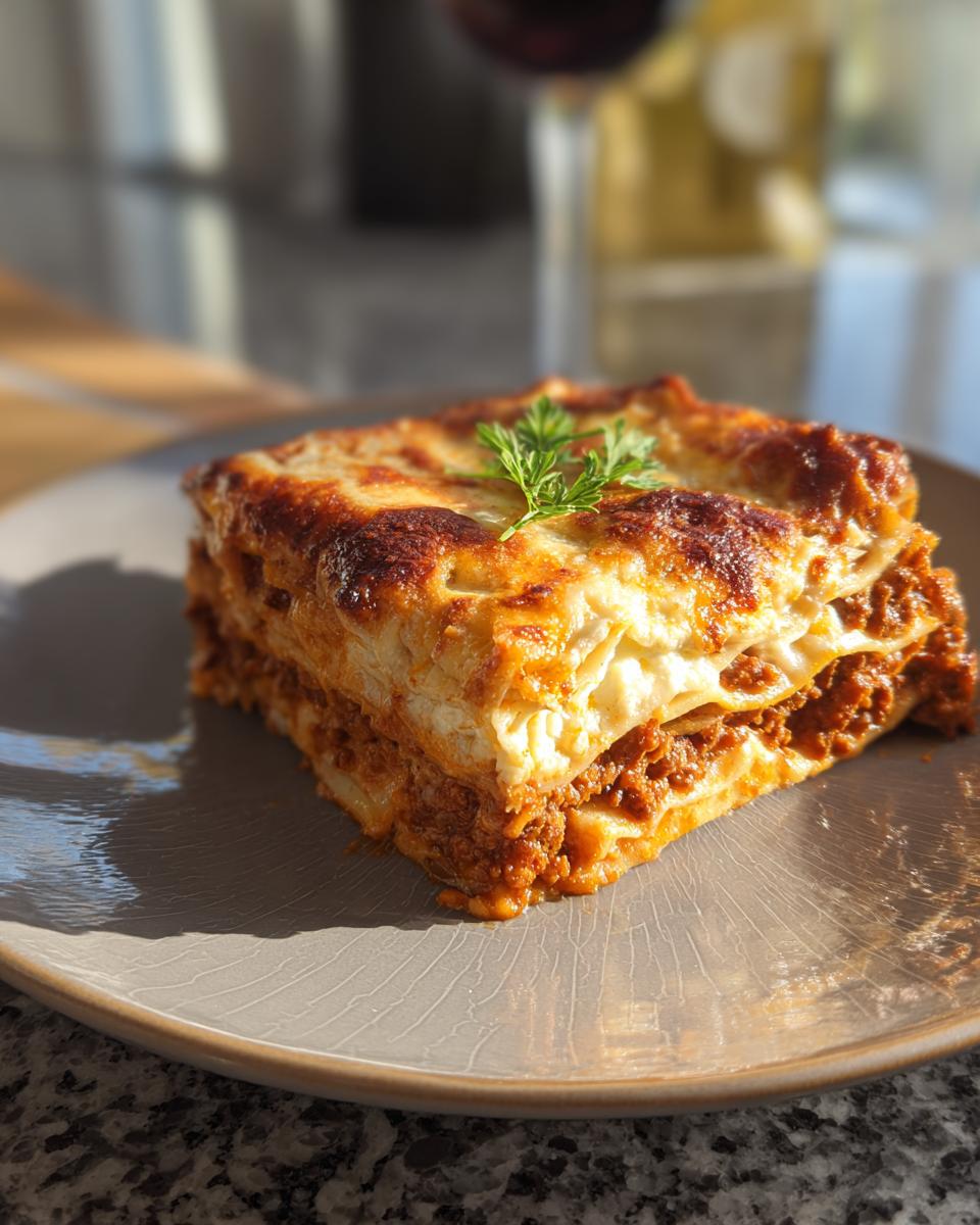 Ein großes, saftiges Stück Lasagne schnell vom Blech mit goldbrauner Käsekruste auf einem grauen Teller.