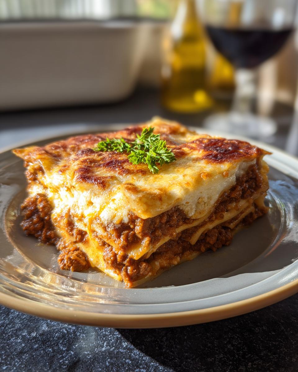 Ein großes, saftiges Stück Lasagne schnell vom Blech mit goldbraun gebackener Käsekruste, garniert mit Petersilie.