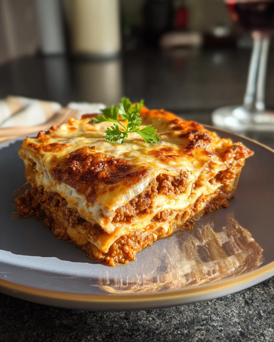 Ein appetitliches Stück Lasagne schnell vom Blech, serviert auf einem grauen Teller und garniert mit Petersilie.