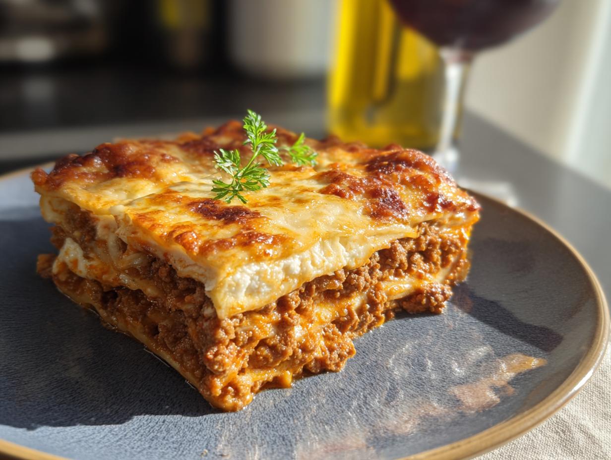 Ein saftiges Stück Lasagne schnell vom Blech mit goldbraun überbackener Käsekruste auf einem blauen Teller.