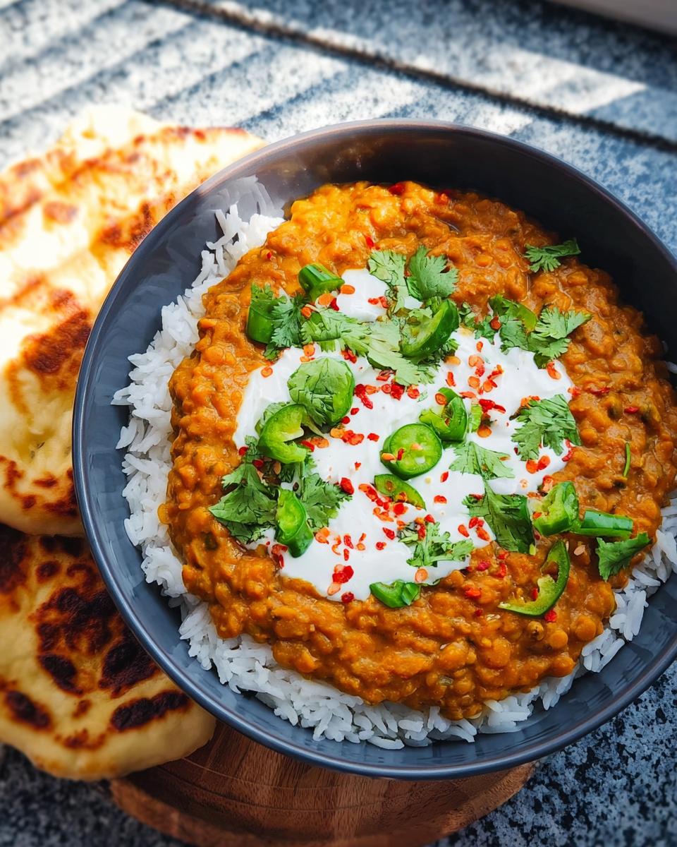 Eine Schüssel mit Linsen-Dal mit Reis und Joghurt, garniert mit Koriander und Chilis, daneben Fladenbrot.