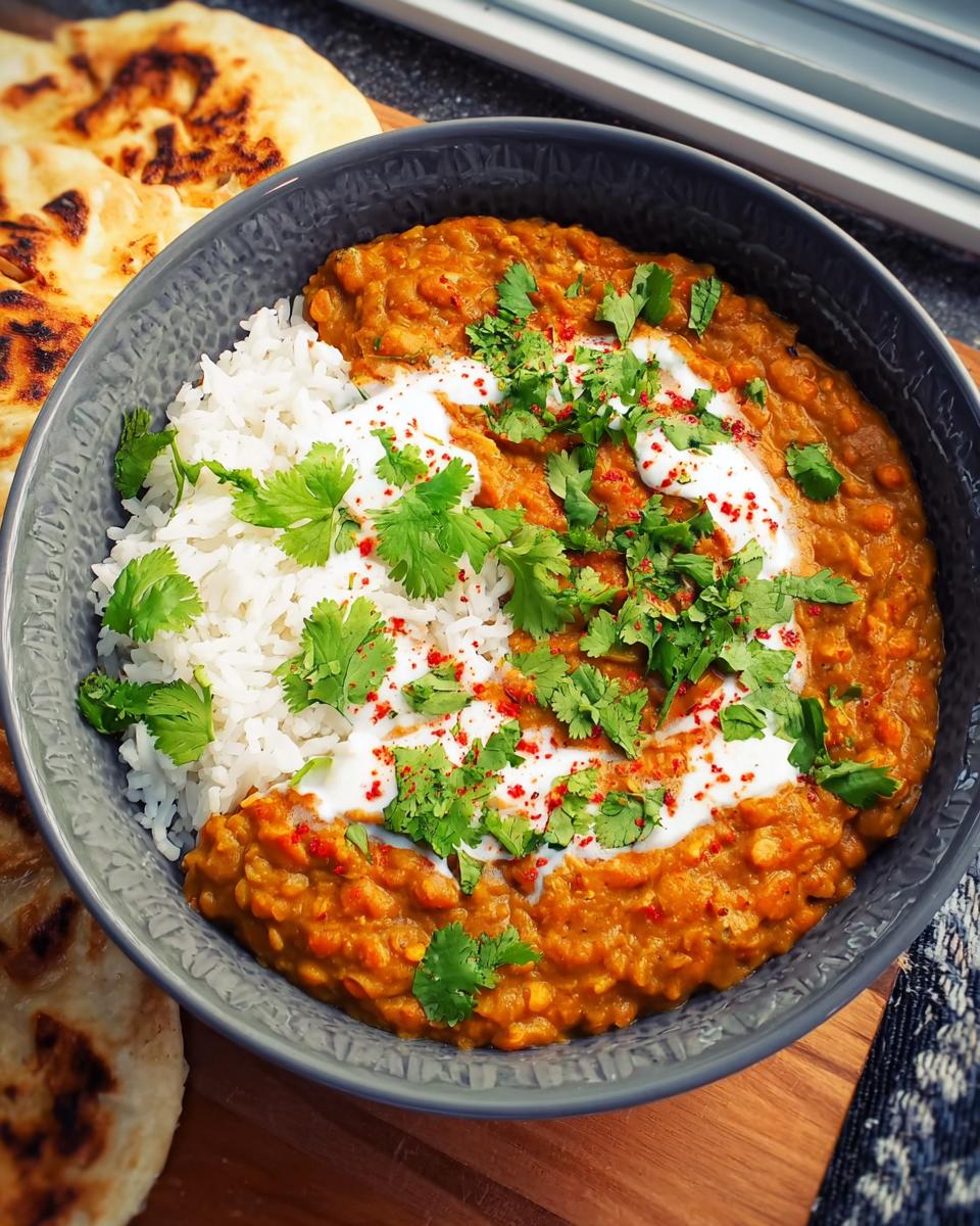 Eine Schüssel mit cremigem Linsen-Dal mit Reis, garniert mit Joghurt, Koriander und Paprikapulver. Linsen-Dal mit Reis & Joghurt.
