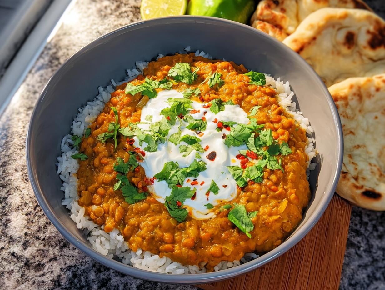Eine Schale mit Linsen-Dal mit Reis & Joghurt, garniert mit Koriander und Chiliflocken.