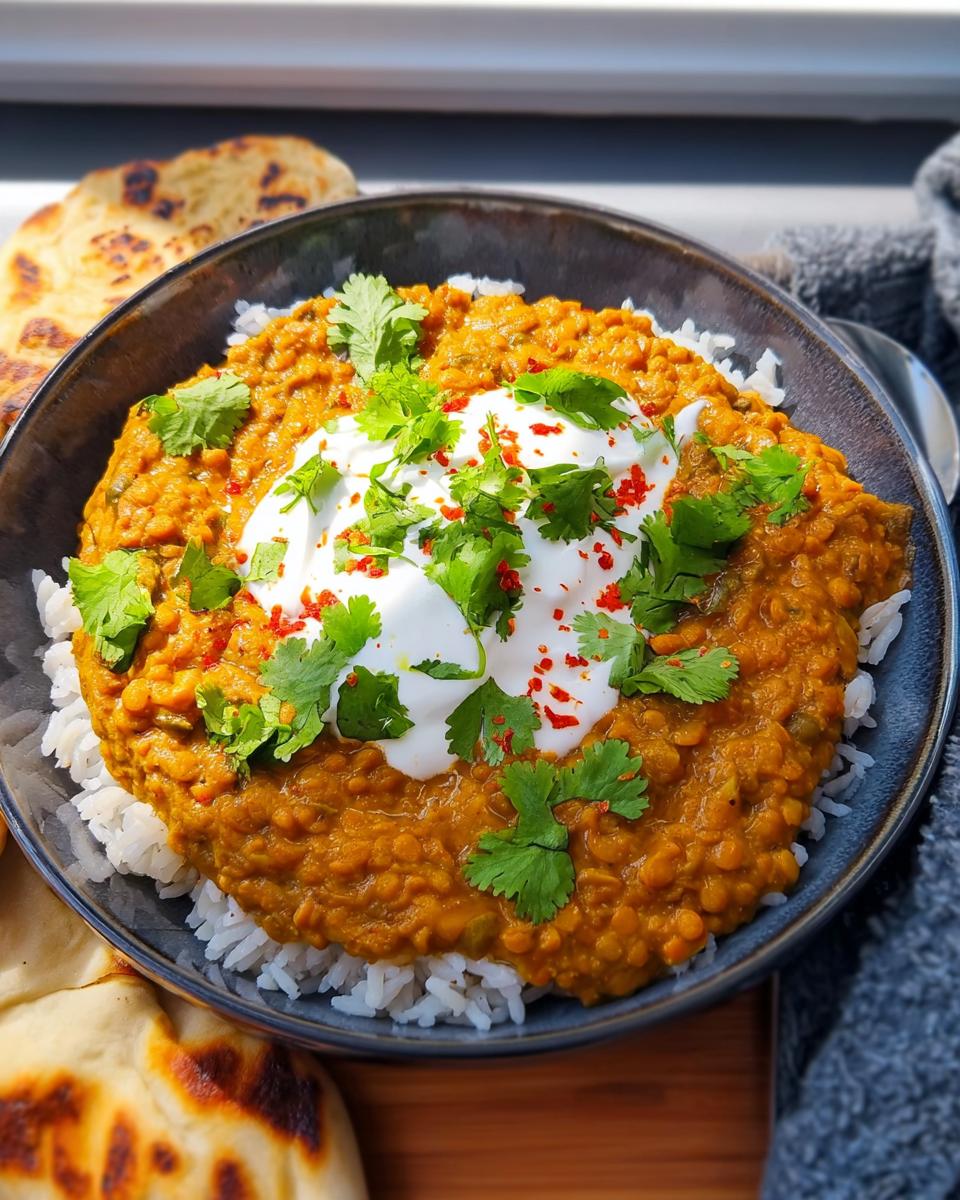 Nahaufnahme von Linsen-Dal mit Reis und einem Klecks Joghurt, garniert mit Koriander und Chili-Flocken.
