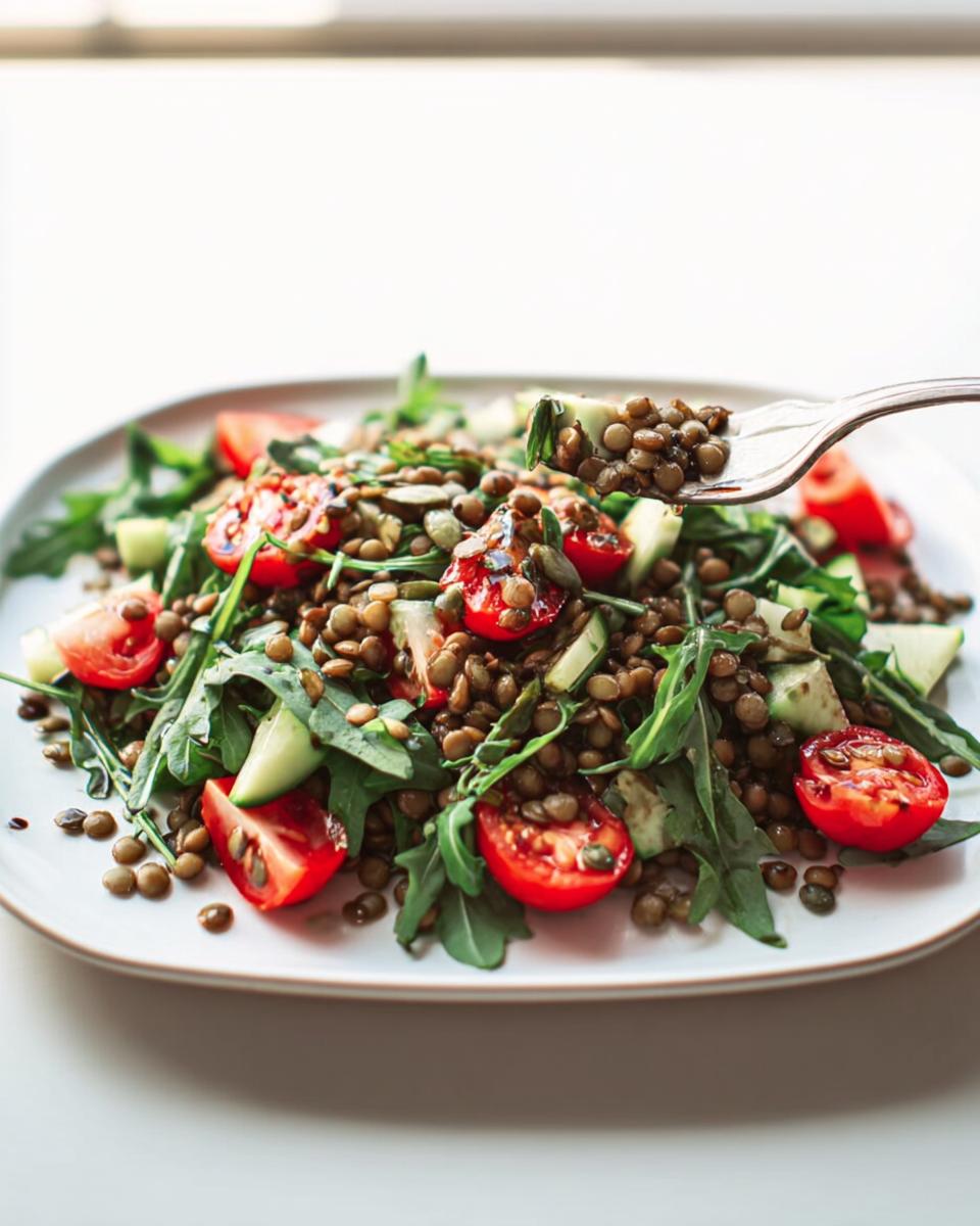 Nahaufnahme eines Linsensalat mit Rucola & Balsamico, garniert mit Kirschtomaten und Gurkenstücken, wobei eine Gabel eine Portion anhebt.