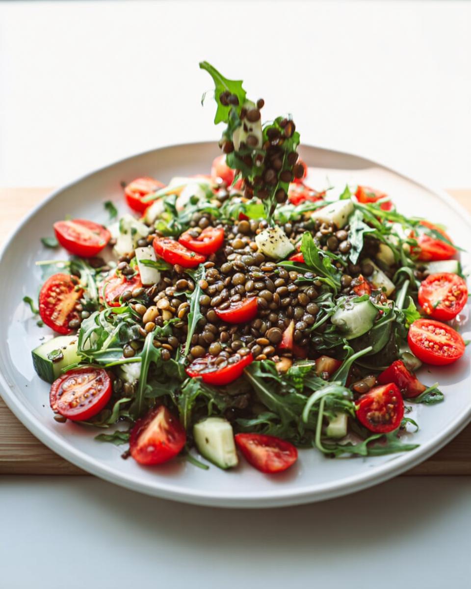 Nahaufnahme eines Linsensalat mit Rucola & Balsamico, garniert mit Kirschtomaten und Gurkenstücken.