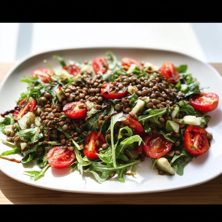 Nahaufnahme eines Linsensalat mit Rucola & Balsamico, garniert mit halbierten Kirschtomaten.