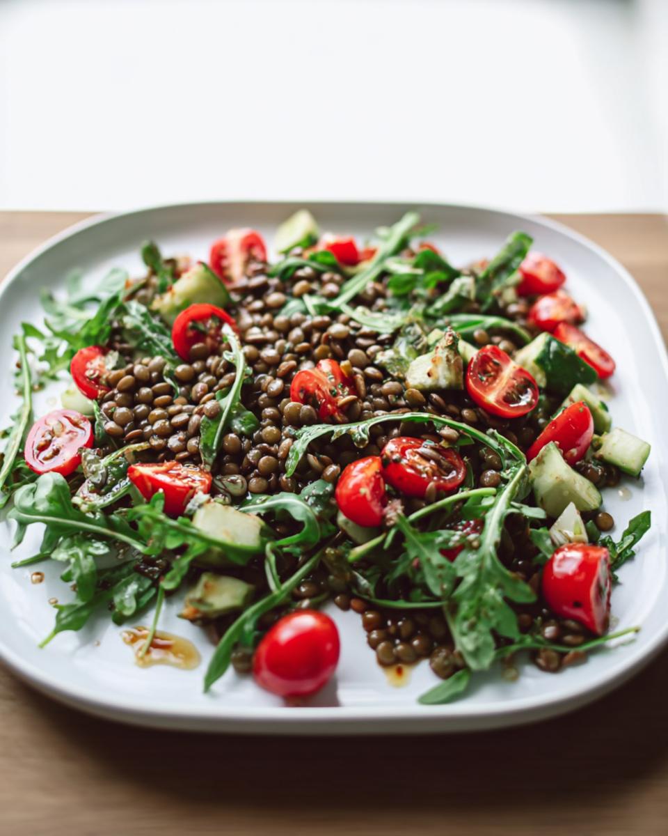 Nahaufnahme eines Linsensalat mit Rucola & Balsamico, garniert mit halbierten Kirschtomaten und Gurkenstücken.