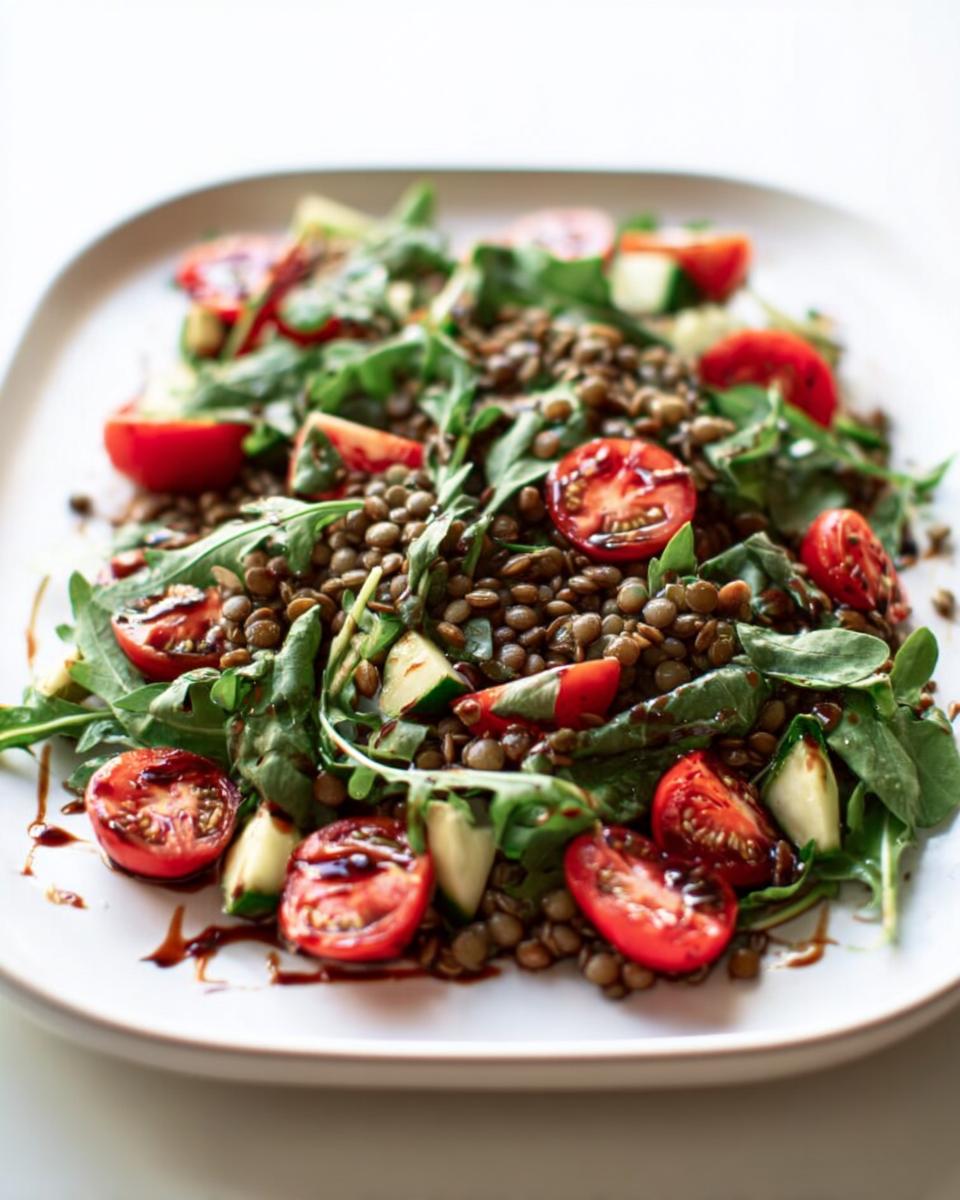 Nahaufnahme eines Linsensalat mit Rucola & Balsamico, garniert mit halbierten Kirschtomaten und Gurkenstücken.
