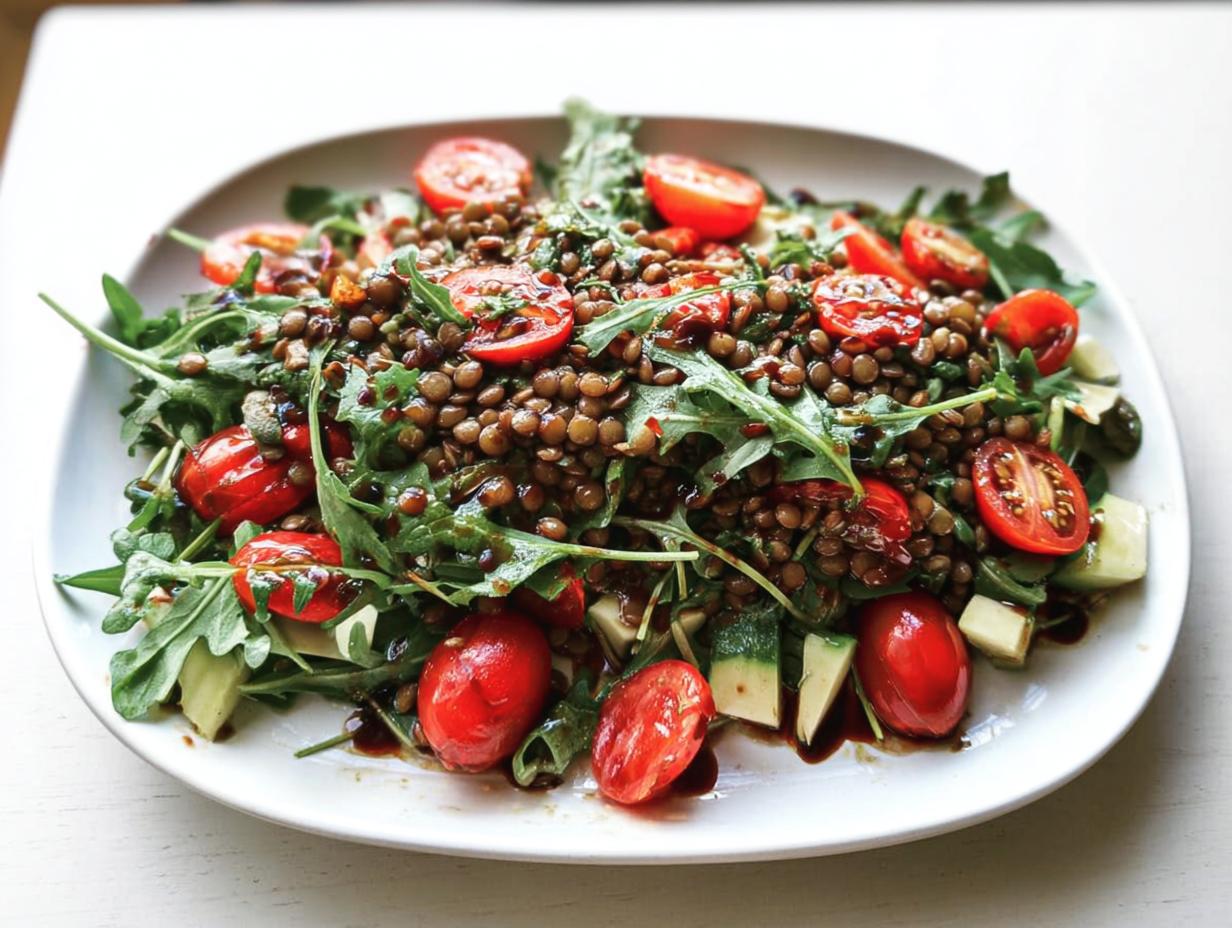 Nahaufnahme eines Linsensalat mit Rucola und halbierten Kirschtomaten, beträufelt mit Balsamico-Dressing.