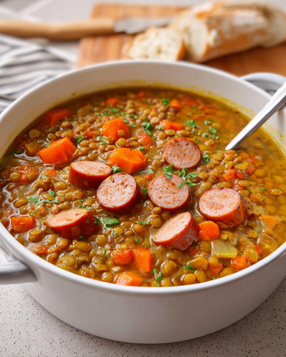 Nahaufnahme einer herzhaften Linsensuppe mit Würstchen und Karottenstücken in einer weißen Schüssel.