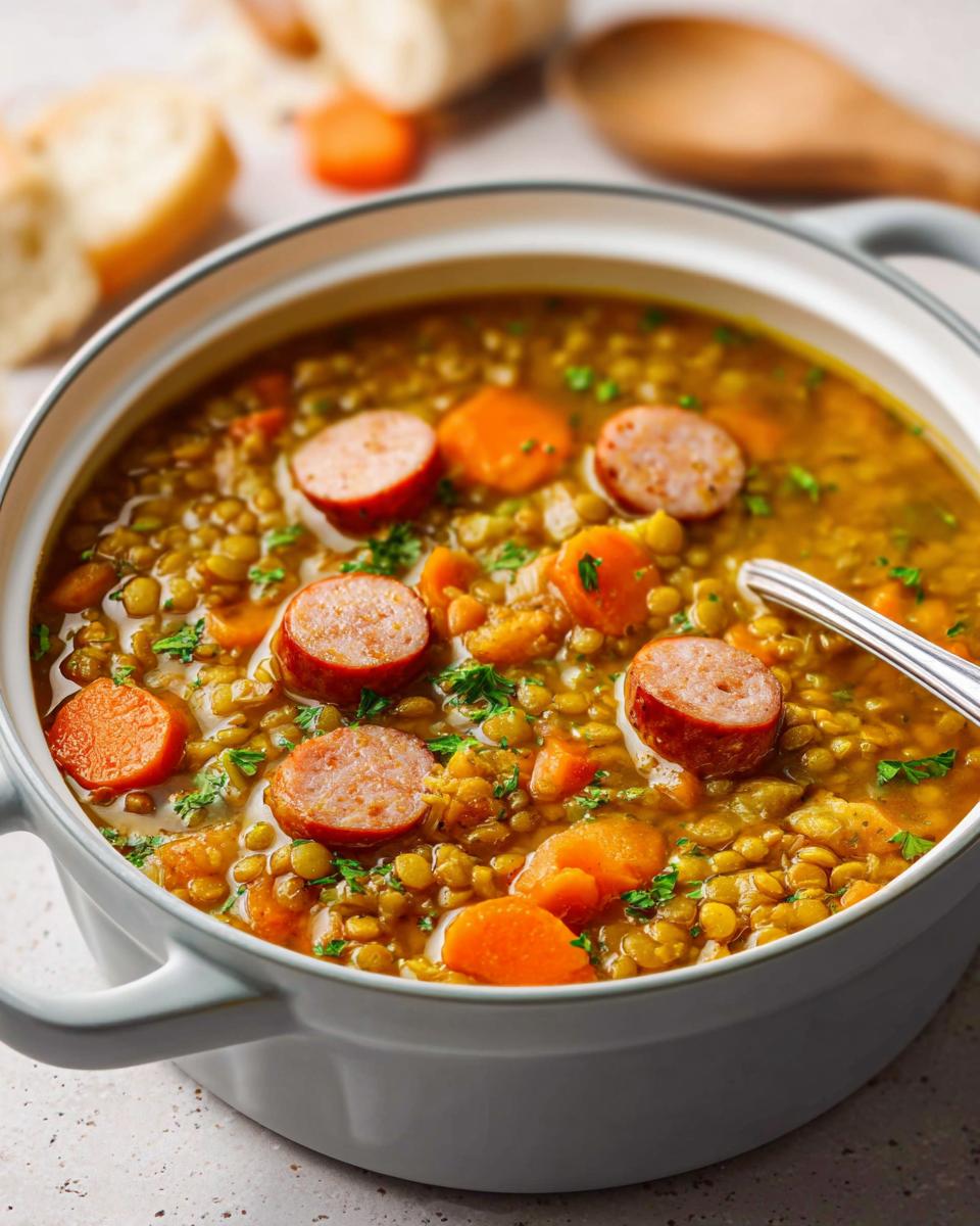 Nahaufnahme einer herzhaften Linsensuppe mit Würstchen und Karottenstücken in einem grauen Topf.