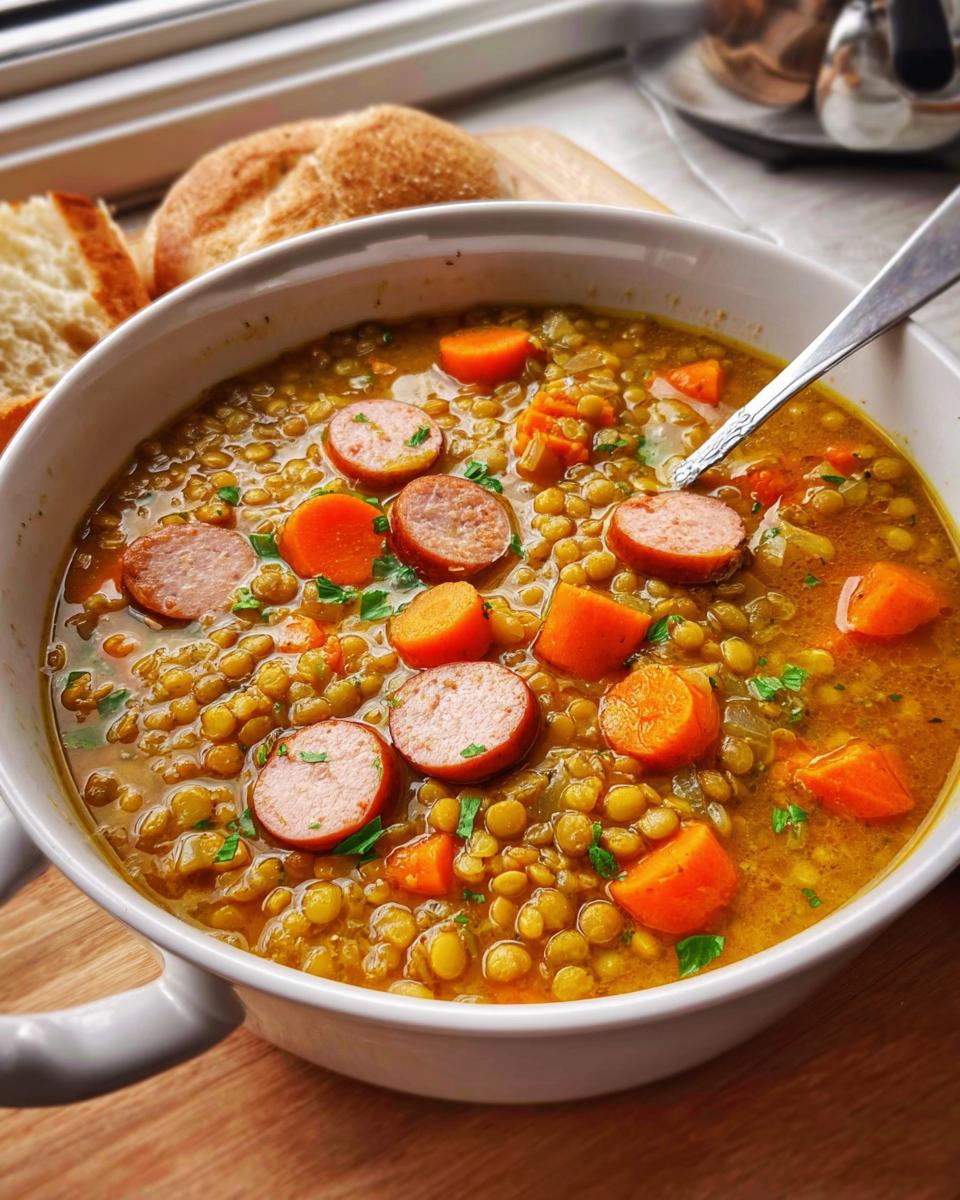 Nahaufnahme einer Schüssel mit traditioneller Linsensuppe mit Würstchen und Karottenstücken.