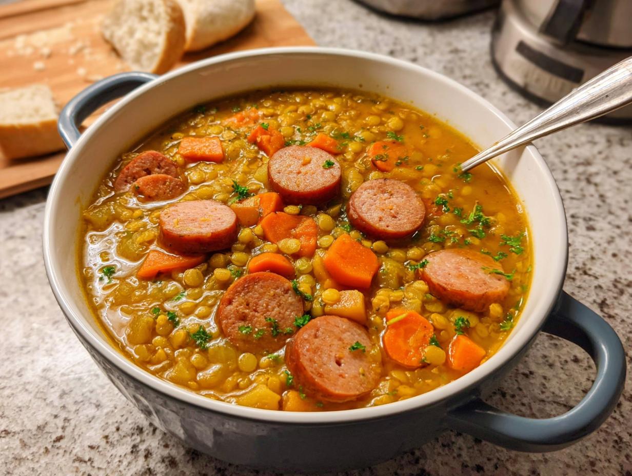 Eine Schüssel voller herzhafter Linsensuppe mit Würstchen und Karottenstücken, garniert mit Petersilie.