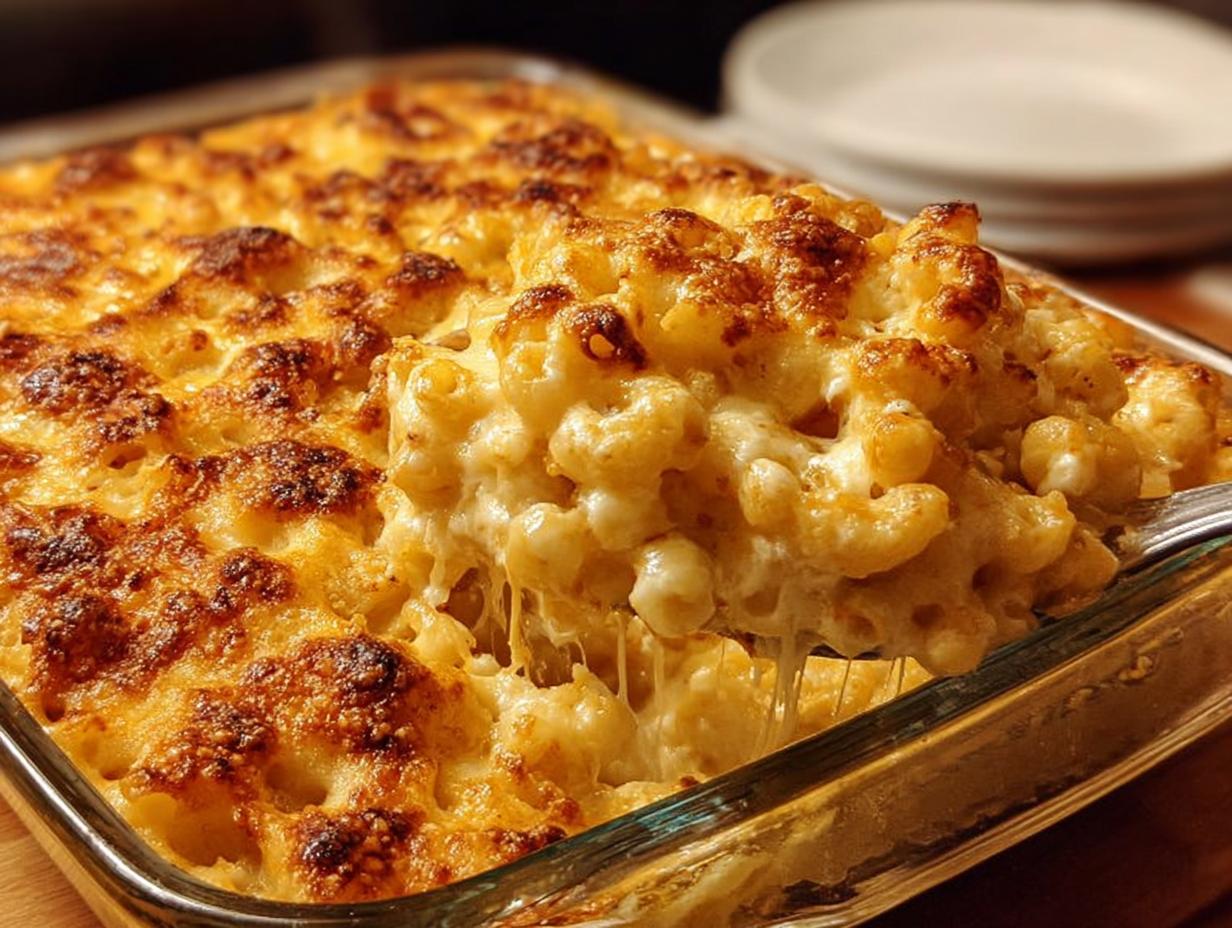 Ein Löffel voll cremigem Mac and Cheese aus dem Ofen mit goldbrauner Käsekruste wird herausgehoben.