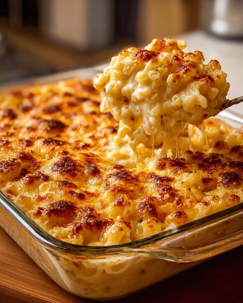 Ein Löffel cremiges Mac and Cheese aus dem Ofen mit goldbrauner Käsekruste wird herausgehoben.