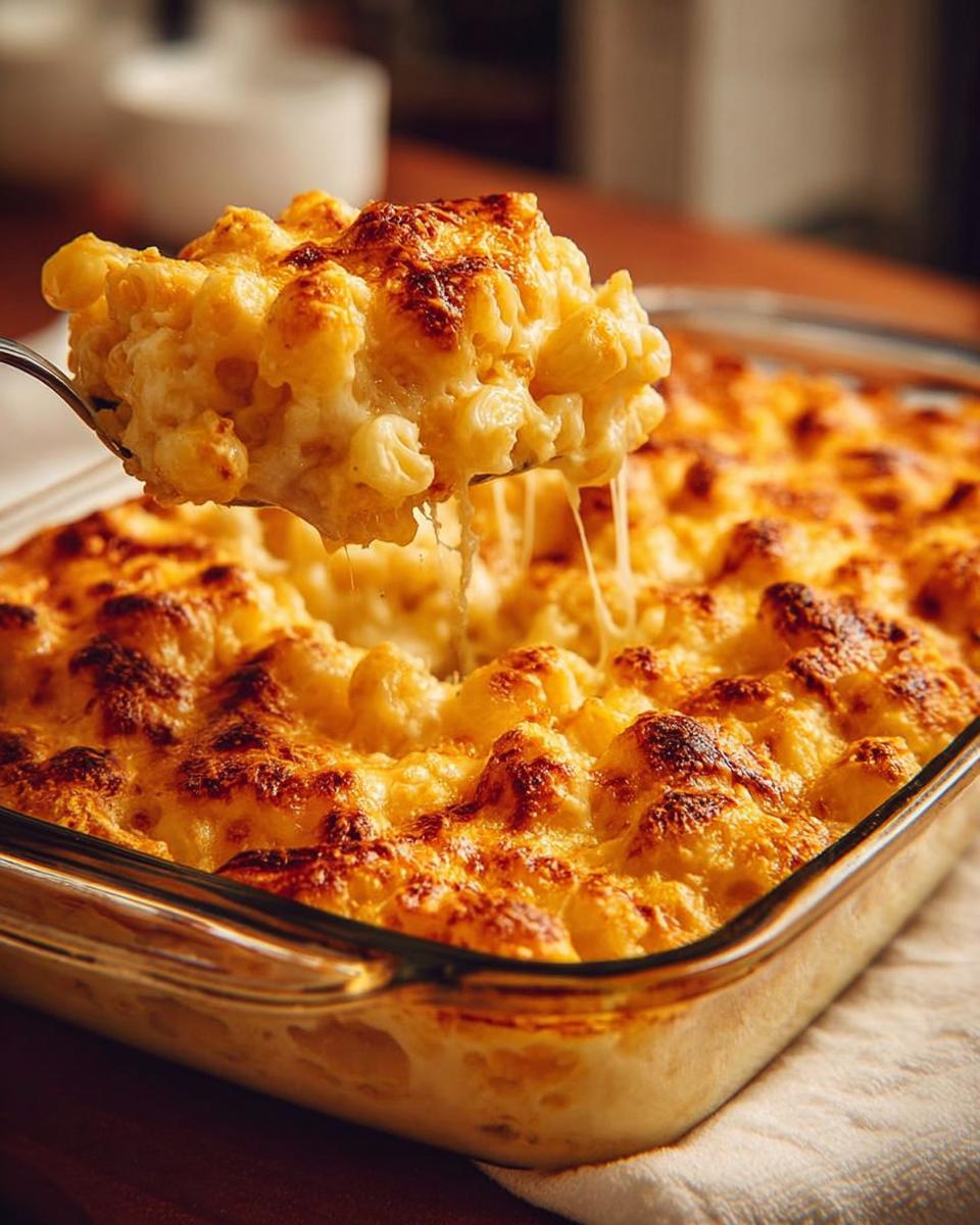 Ein Löffel cremiges Mac and Cheese aus dem Ofen mit goldbrauner Käsekruste wird herausgehoben.