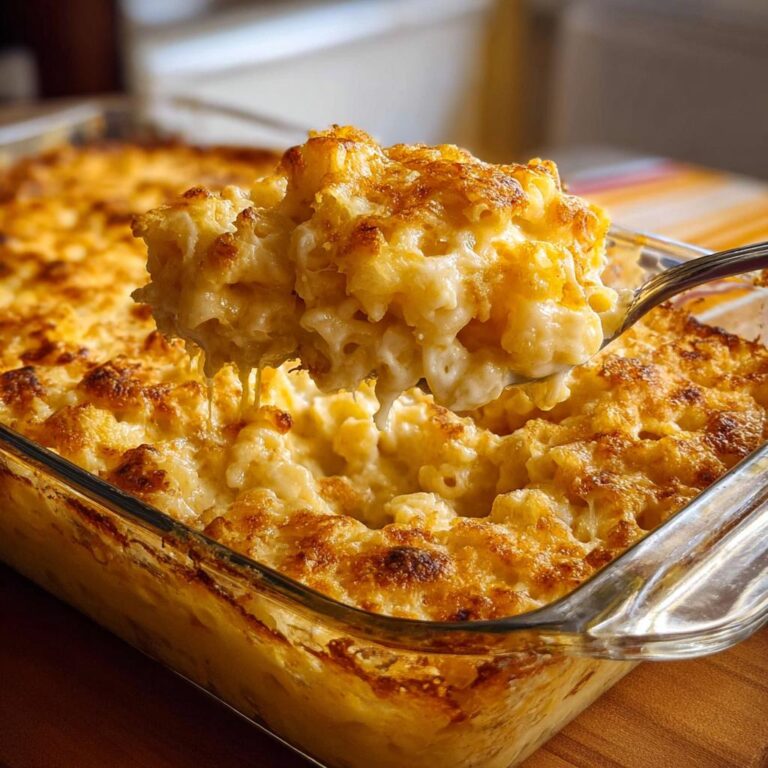 Ein Löffel cremiges Mac and Cheese aus dem Ofen mit knuspriger Käsekruste wird aus der Auflaufform gehoben.