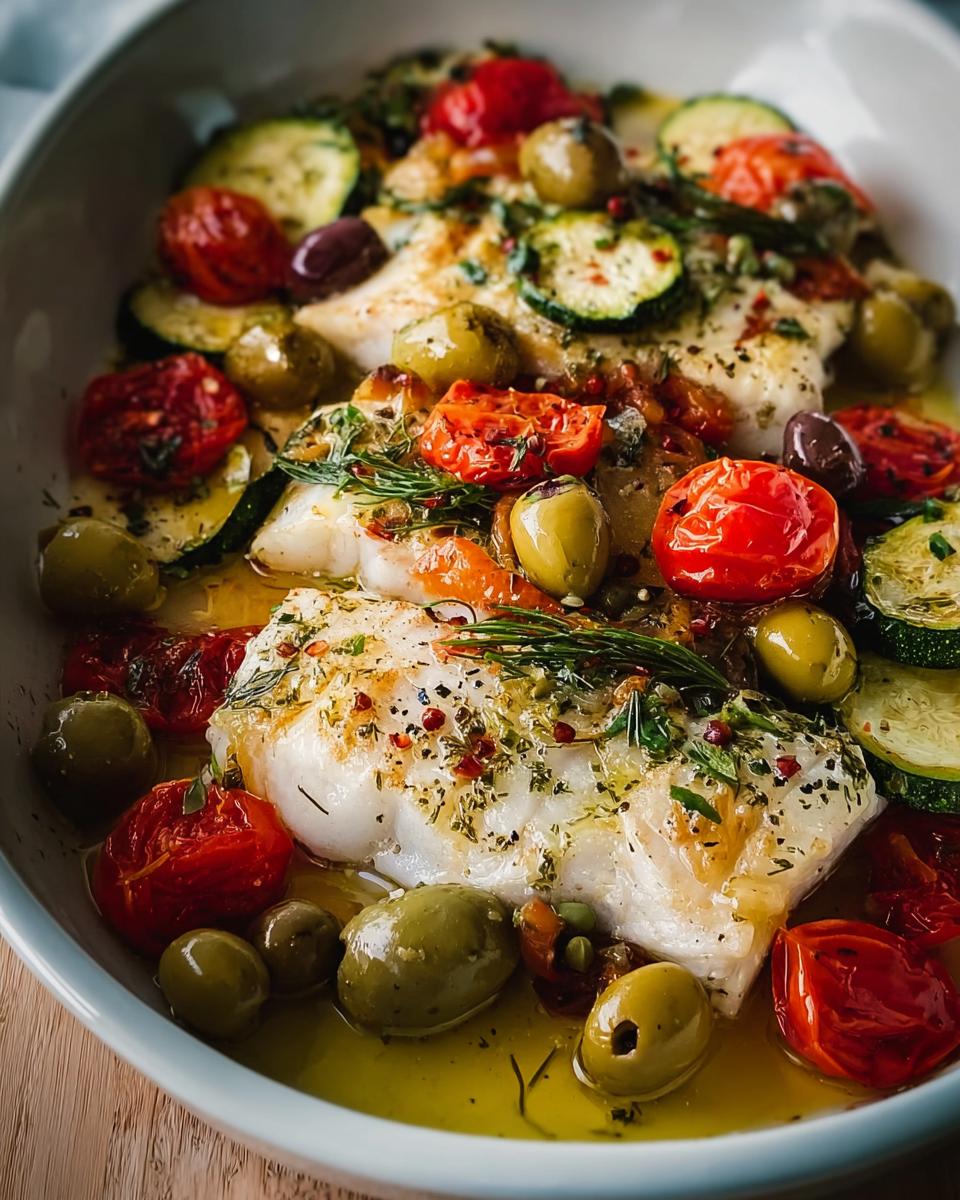 Nahaufnahme eines pochierten Fischfilets in einer Mediterrane Fischpfanne mit Kräutern, Oliven, Kirschtomaten und Zucchini.