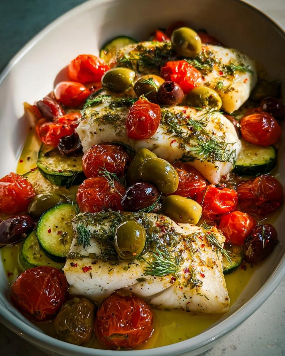 Fertige Mediterrane Fischpfanne mit Kräutern, serviert mit gebackenen Kirschtomaten, Zucchini und Oliven.