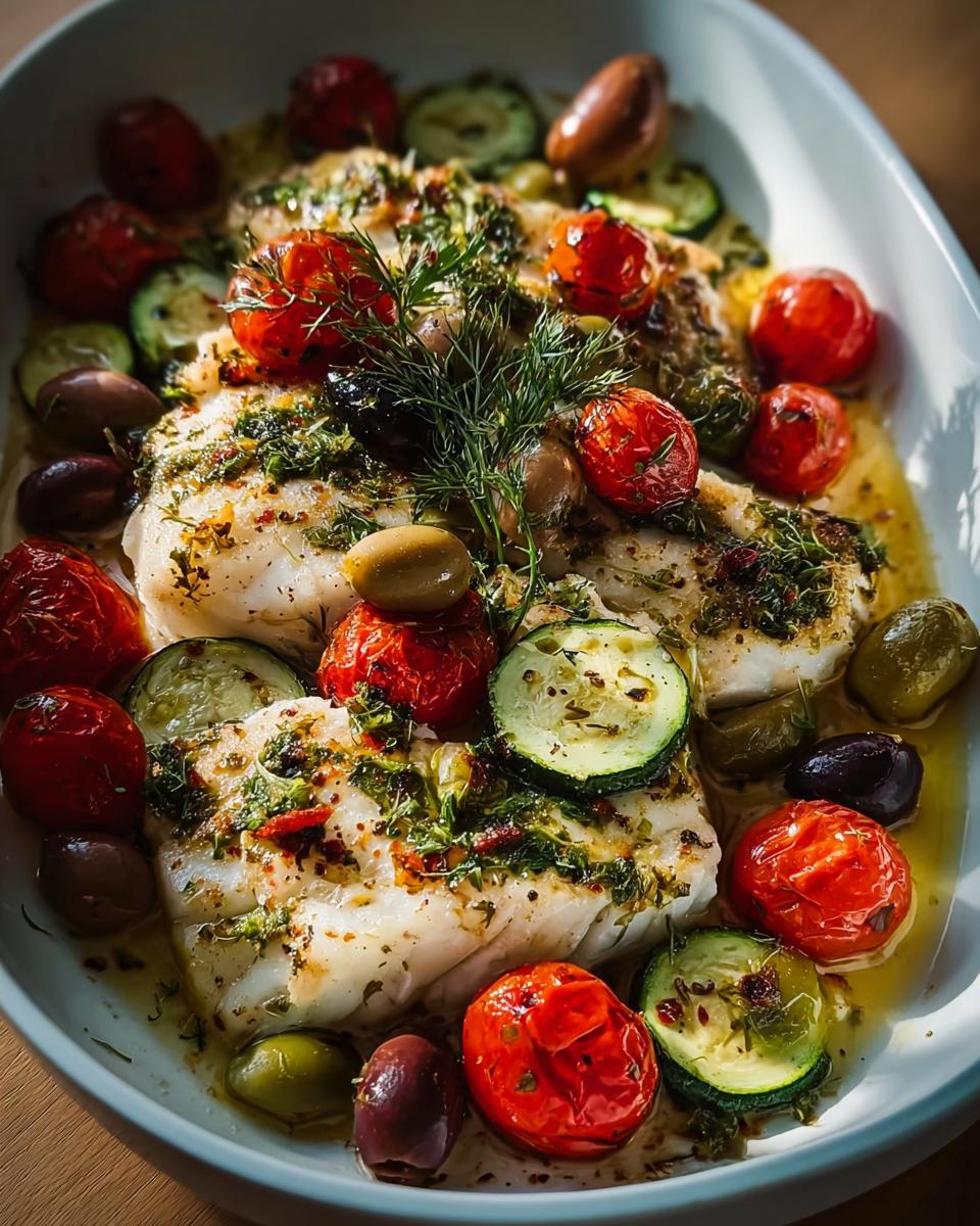 Zwei Filets der Mediterrane Fischpfanne mit Kräutern, bedeckt mit gerösteten Kirschtomaten, Zucchinischeiben und Oliven.