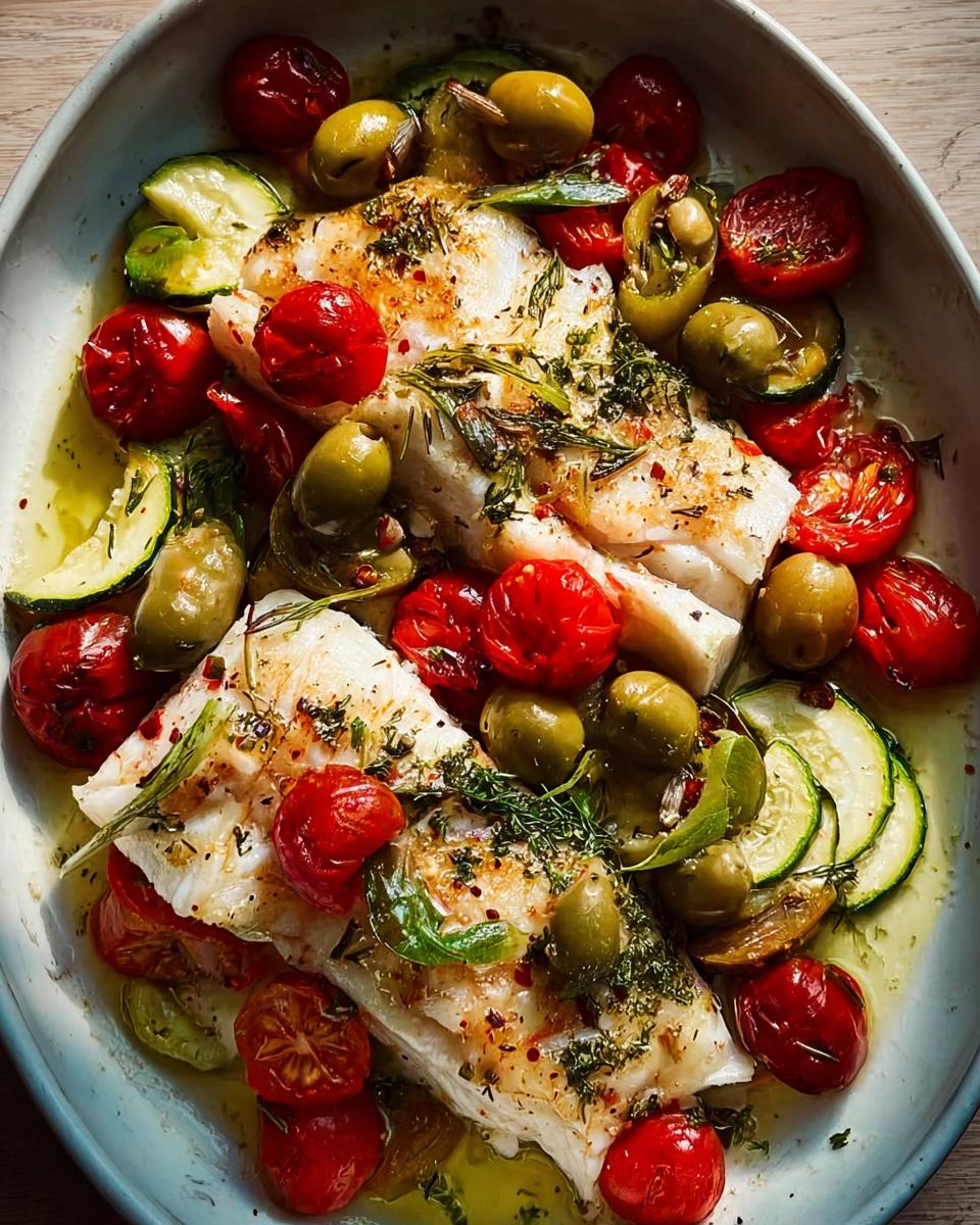 Zwei Filets weißer Fisch in einer Pfanne mit gerösteten Kirschtomaten, grünen Oliven und Zucchinischeiben, beträufelt mit Kräutern für die Mediterrane Fischpfanne mit Kräutern.