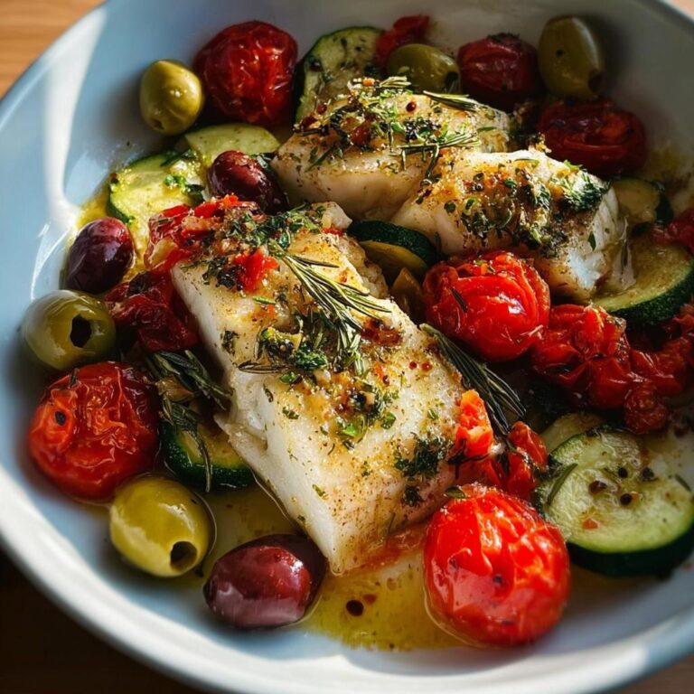 Drei Stücke weißer Fisch in einer Schüssel, umgeben von Oliven, Zucchini und gerösteten Tomaten, beträufelt mit Kräutern für die Mediterrane Fischpfanne mit Kräutern.