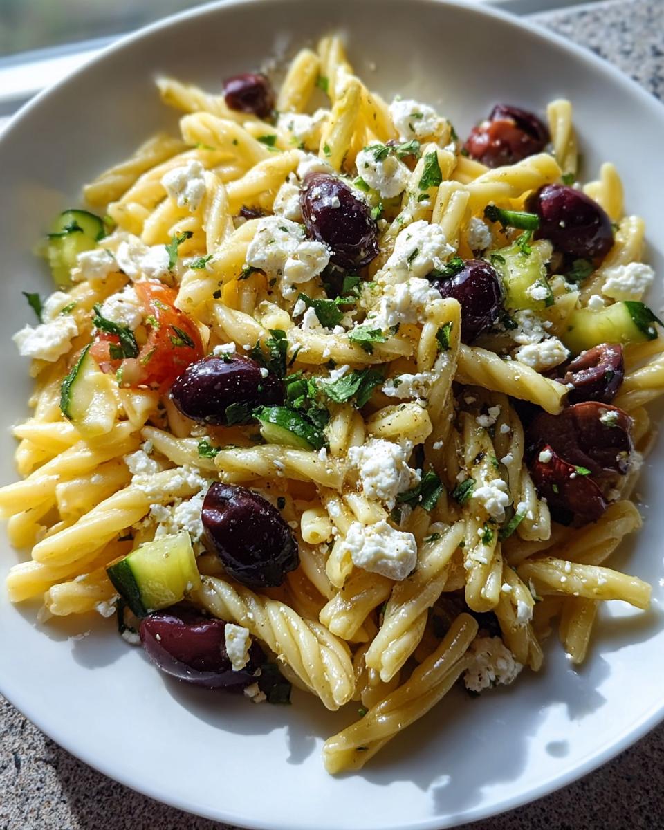 Nahaufnahme von Mediterraner Nudelsalat mit Feta, dunklen Oliven und Gurkenstücken in einer weißen Schale.