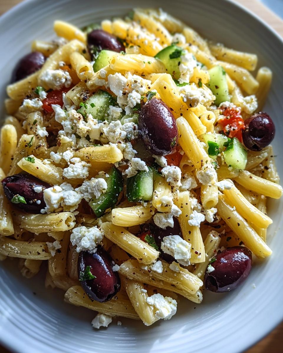 Nahaufnahme eines Mediterraner Nudelsalat mit Feta und Oliven, garniert mit Gurkenstücken.