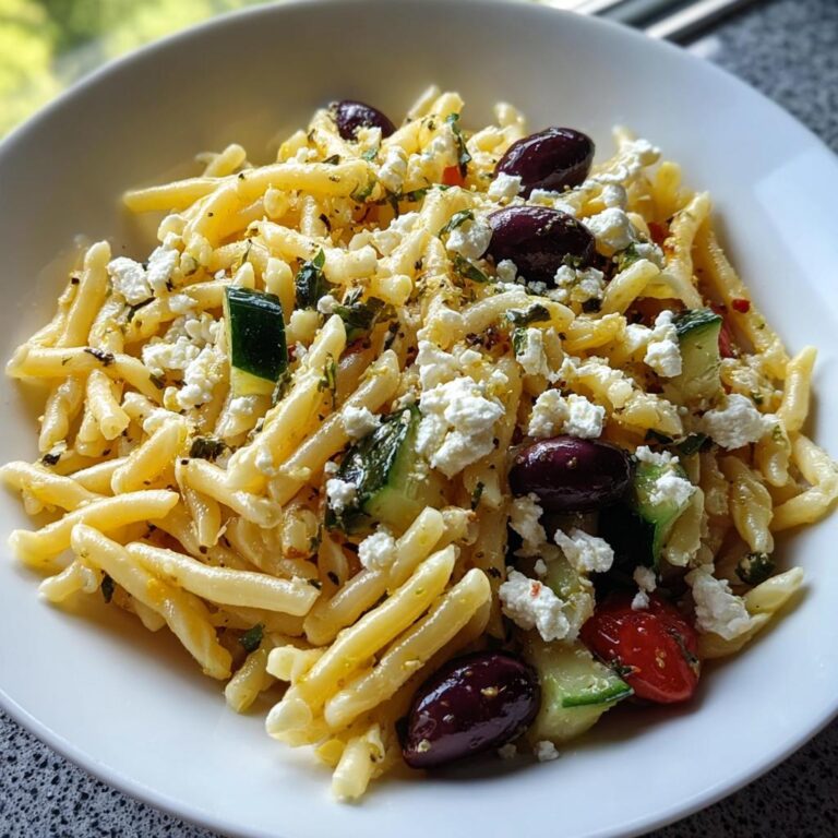 Nahaufnahme von Mediterraner Nudelsalat mit Feta, schwarzen Oliven und Gurkenstücken in einer weißen Schüssel.