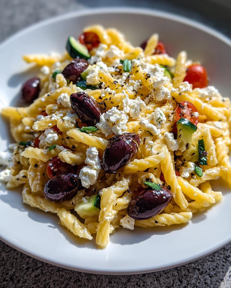 Nahaufnahme von Mediterraner Nudelsalat mit Feta, Kalamata-Oliven, Gurken und Kirschtomaten auf einem weißen Teller.
