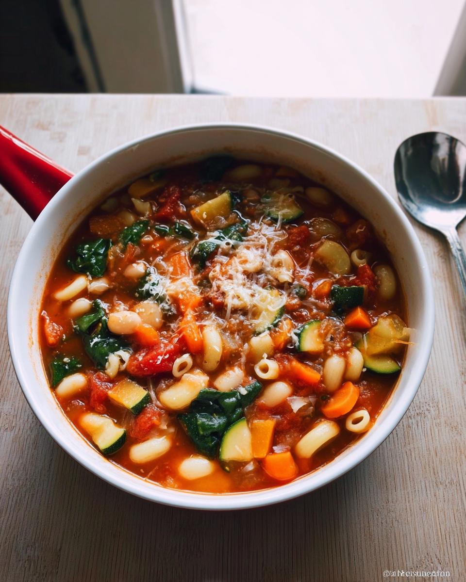 Eine Schüssel reichhaltiger Minestrone – italienische Gemüsesuppe mit weißen Bohnen, Zucchini, Karotten und Parmesan.