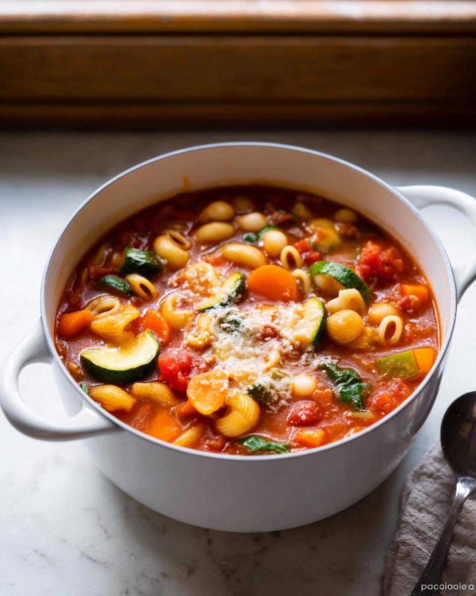 Eine weiße Schüssel gefüllt mit heißer Minestrone – italienische Gemüsesuppe mit Nudeln, Zucchini, Karotten und Parmesan.
