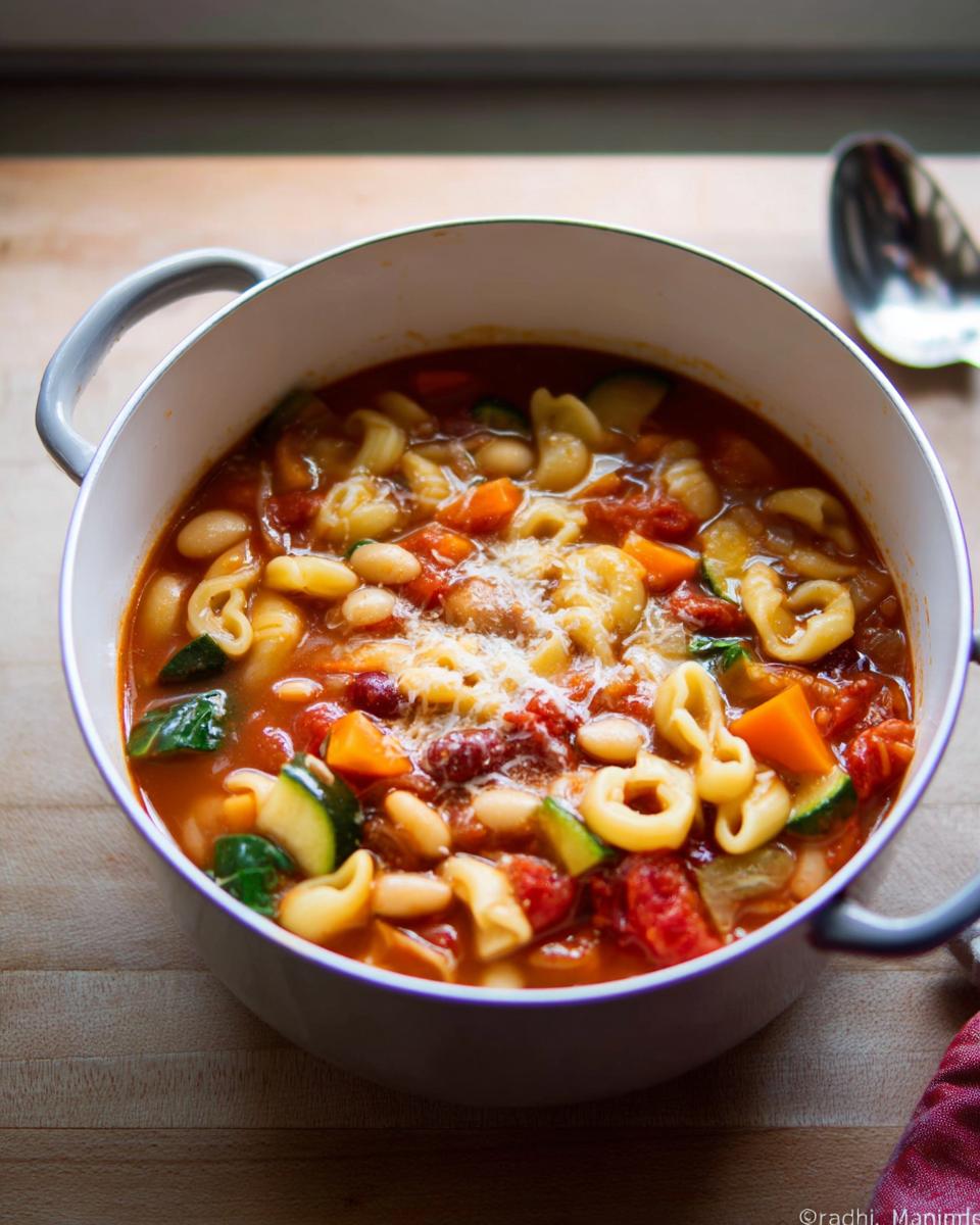 Ein Topf voller herzhafter Minestrone – italienische Gemüsesuppe mit Nudeln, Bohnen, Zucchini und Parmesan.