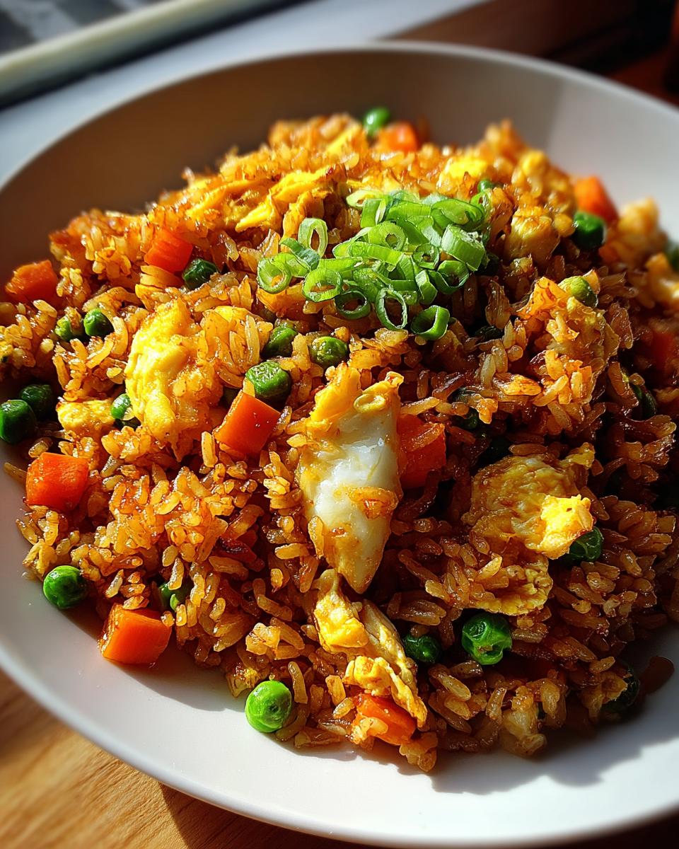 Nahaufnahme von Nasi Goreng schnell & einfach mit gebratenem Ei, Karotten, Erbsen und Frühlingszwiebeln.