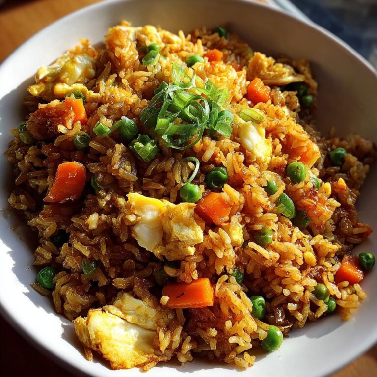 Nahaufnahme von Nasi Goreng schnell & einfach mit Ei, Karotten, Erbsen und Frühlingszwiebeln.